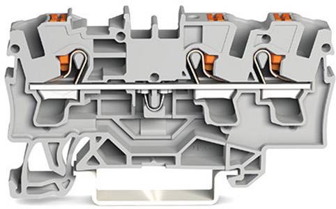 Coupe transversale d'un bloc de bornes électrique gris avec des éléments oranges. Adapté pour la fixation de fils.