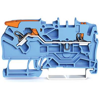 Coupe transversale d'une tête en plastique bleu et orange révélant la structure mécanique interne d'un appareil, avec des leviers et des interrupteurs.