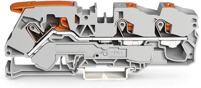 Un système de connexion électrique gris complexe avec des éléments orange, probablement utilisé pour relier des fils.