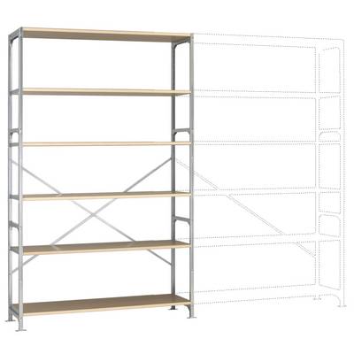 Étagère avec cinq tablettes en bois et un cadre en métal. À droite, un schéma pointillé d'une autre section d'étagère est visible.