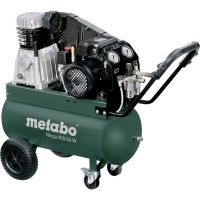 Compresseur d'air 'Metabo Mega 400-50 W' en vert avec moteur noir et argenté, manomètre et deux roues pour la mobilité.