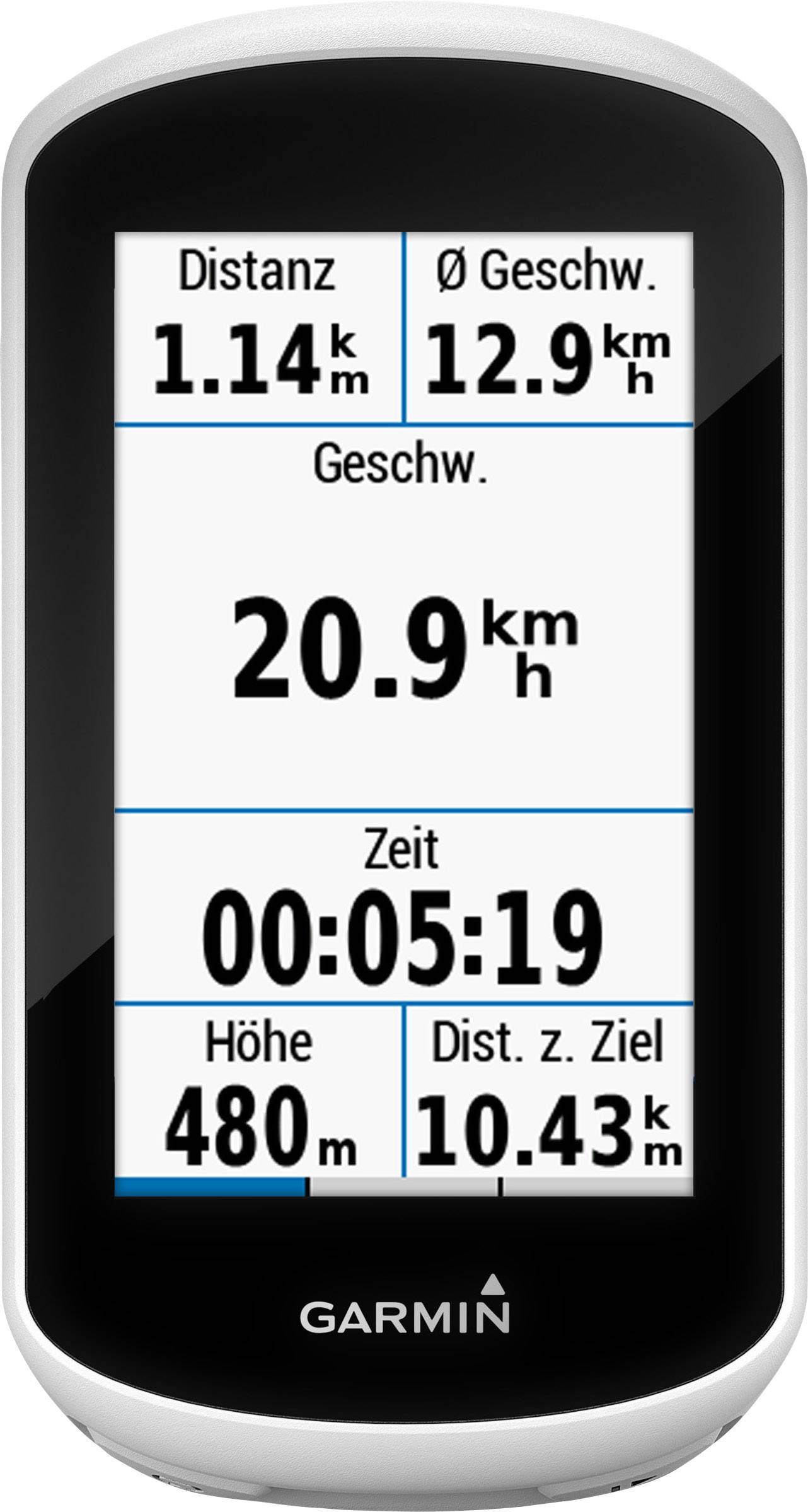 Un appareil GPS affiche les données suivantes : Distance 1,14 km, Vitesse moyenne 12,9 km/h, Vitesse 20,9 km/h, Temps 00:05:19, Altitude 480 m, Distance jusqu'à la destination 10,43 km.