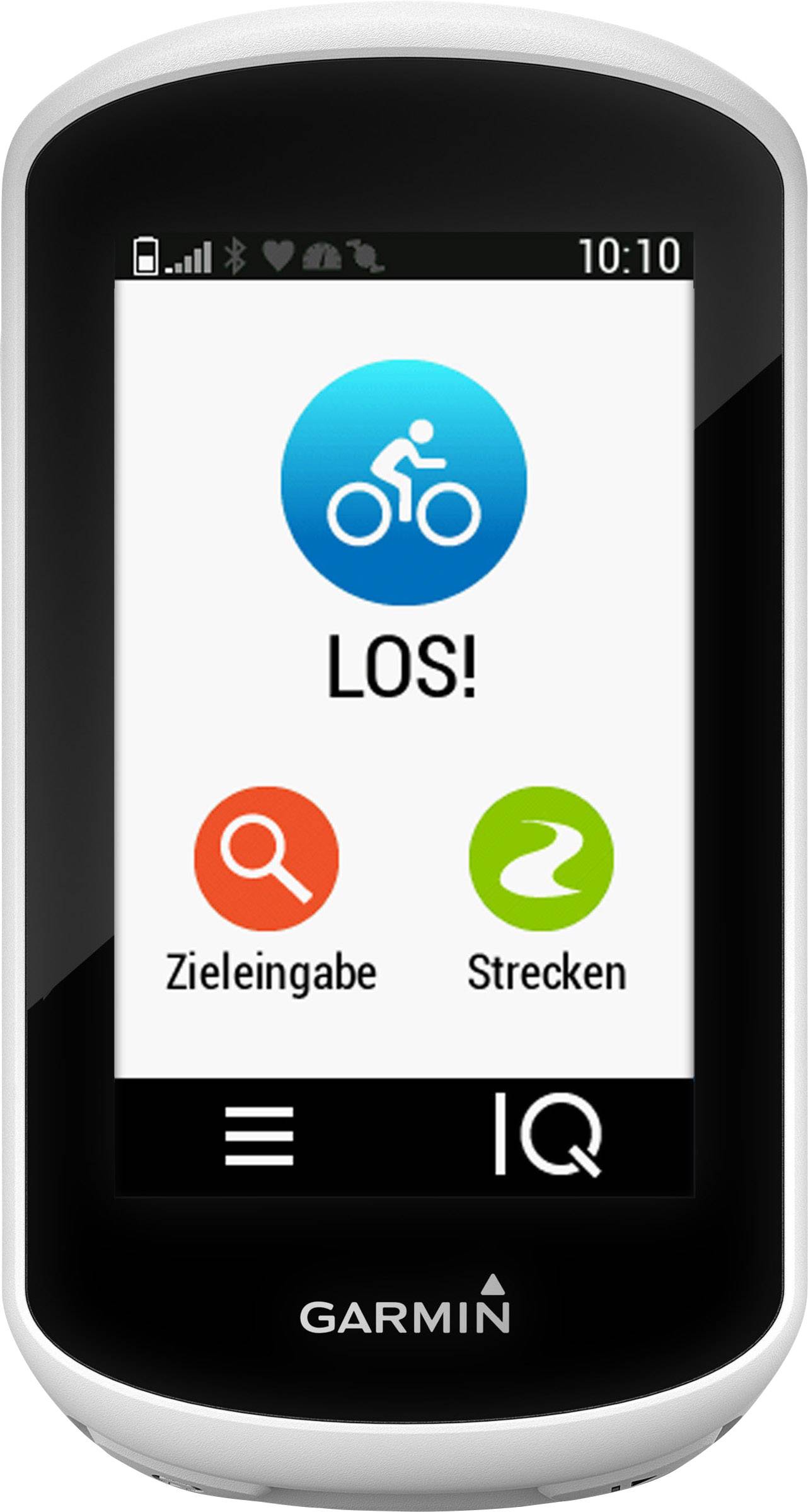 Un appareil GPS affiche un symbole de vélo avec le texte « PARTEZ ! » et en dessous deux boutons : « Saisir destination » et « Itinéraires ».