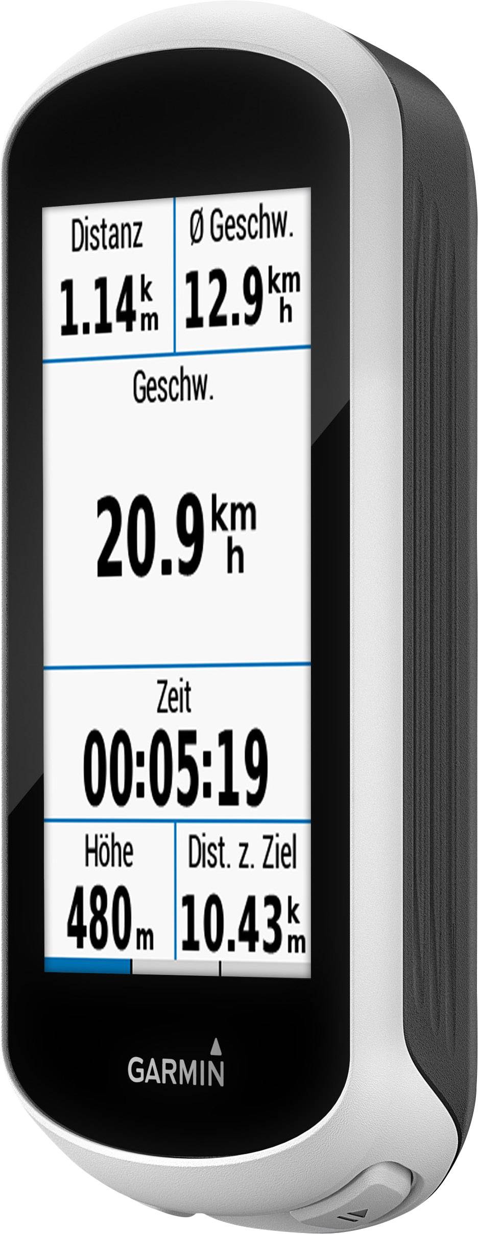 Un ordinateur de vélo affiche : Distance 1,14 km, Vitesse moyenne 12,9 km/h, Vitesse actuelle 20,9 km/h, Temps 5:19 min, Altitude 480 m, Distance jusqu'à la destination 10,43 km.