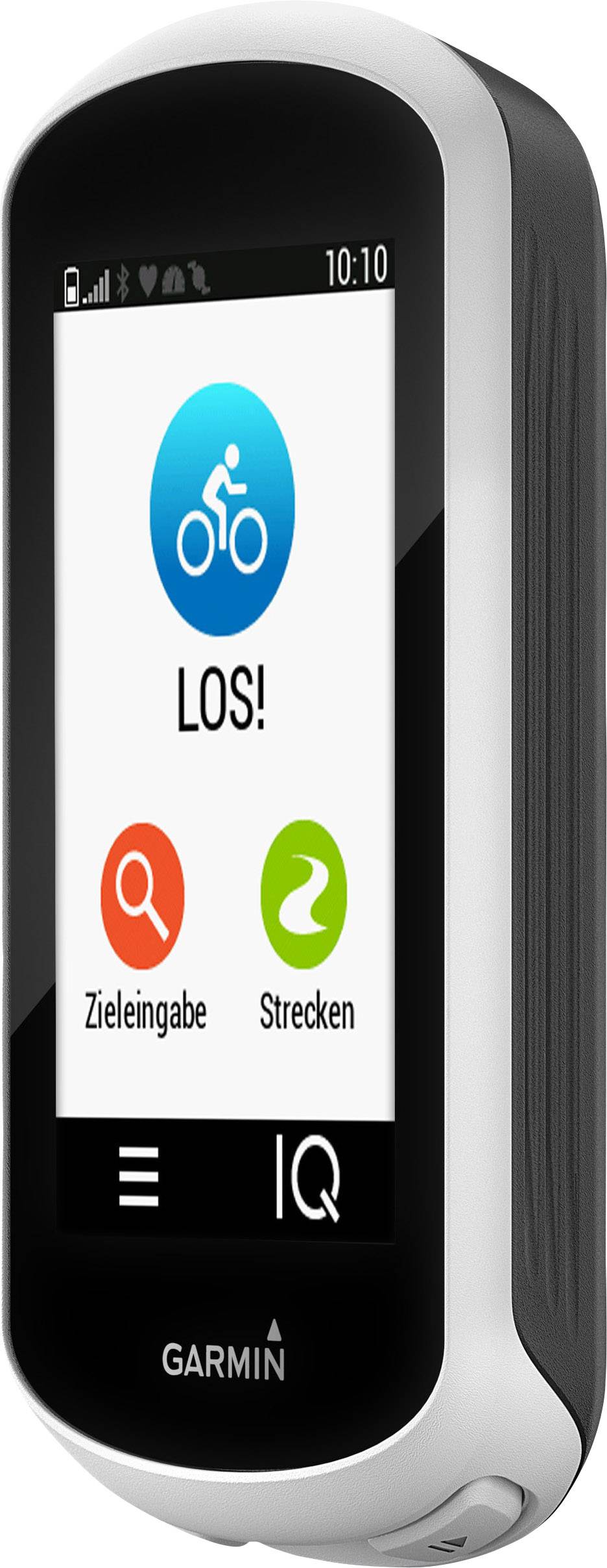 Un ordinateur de vélo affiche un écran avec un bouton 'GO !' ainsi que deux options : 'Saisie des objectifs' et 'Parcours'.