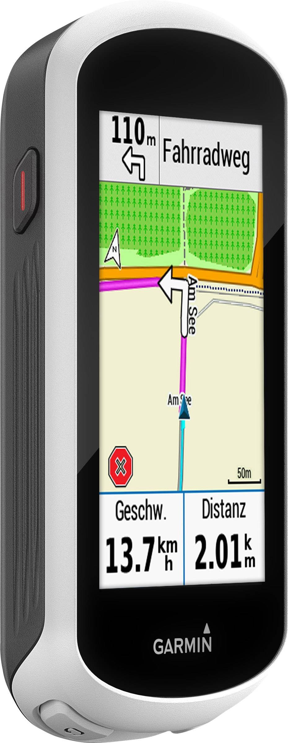 Un dispositif de navigation affiche une piste cyclable avec un itinéraire. La vitesse de 13,7 km/h et la distance de 2,01 km sont indiquées.