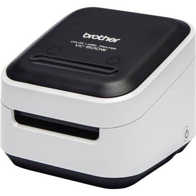 Imprimante couleur pour étiquettes avec l'inscription 'brother COLOR LABEL PRINTER VC-500W', de conception compacte et noir-blanc.