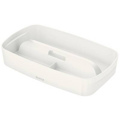 Organiseur blanc Leitz avec deux compartiments pour le rangement d'articles de bureau.