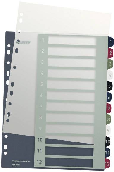 Un intercalaire transparent avec douze onglets colorés et numérotés, adapté aux classeurs A4, suspendu sur un fond blanc.