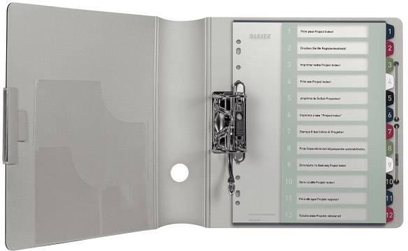 Classeur gris avec index numéroté de 1 à 12 sur le côté droit. Convient parfaitement à l'organisation de documents au bureau ou à la maison.