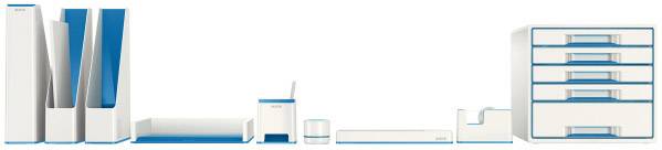 Un ensemble d'organisation de bureau avec plusieurs compartiments et étagères en matériau blanc avec des bords bleus.