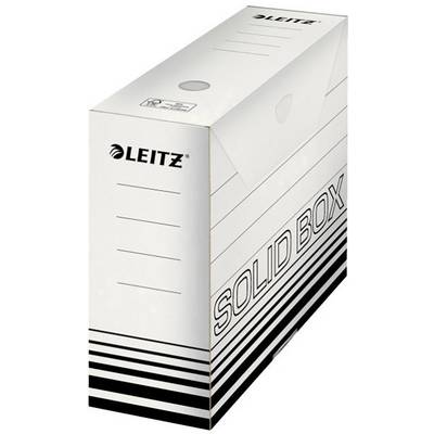 Boîte d'archives blanche portant les inscriptions 'LEITZ' et 'SOLID BOX'. Elle présente des lignes sur le côté pour l'étiquetage et est conçue pour le classement de documents.