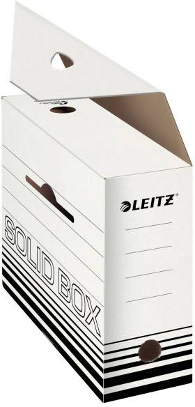 Boîte d'archives blanche de Leitz avec impression noire 'SOLID BOX'. Fentes pour étiquetage et poignées sur le côté.