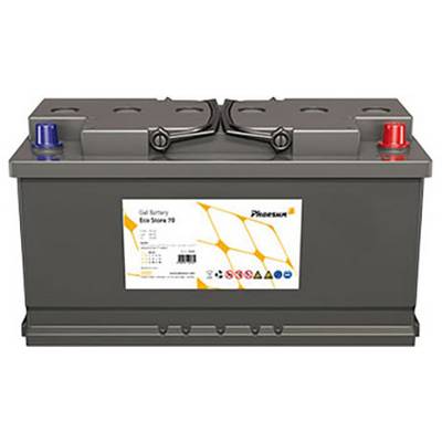 Une batterie de voiture grise avec deux bornes, identifiées par des capuchons rouge et bleu. L'étiquette indique la marque et les spécifications techniques.