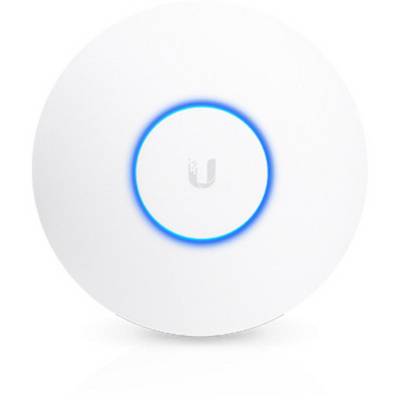 Un point d'accès blanc et rond avec un anneau LED bleu au centre, sur lequel un logo en 'U' est visible. Adapté pour les réseaux Wi-Fi.