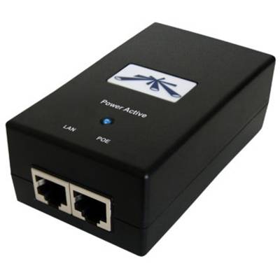 Appareil adaptateur PoE noir avec deux ports Ethernet, LAN et PoE, ainsi qu'un voyant étiqueté 'Power-Active'.