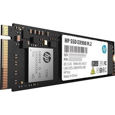 Disque SSD M.2 'HP SSD EX900', affiche les informations du fabricant et du modèle ainsi que les détails techniques sur l'étiquette.