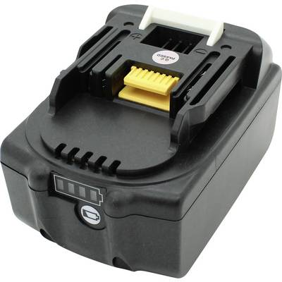Batterie lithium-ion noire pour outils électriques avec indicateur de charge à quatre niveaux sur l'avant et connecteur de couleur or.