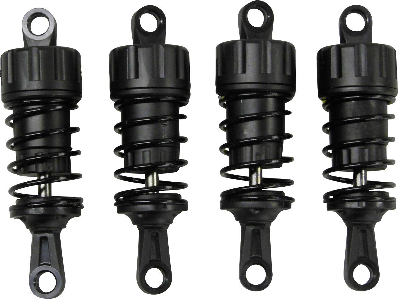 Quatre amortisseurs noirs sont disposés verticalement les uns derrière les autres, équipés de ressorts à spirale et d'anneaux aux deux extrémités.