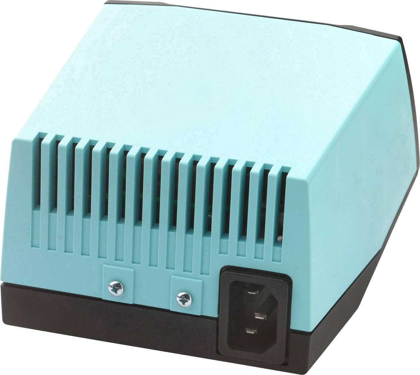 Ventilateur électrique compact de couleur turquoise, doté de fentes de ventilation et d'un connecteur d'alimentation noir sur sa face inférieure.