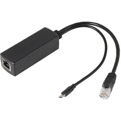 Adaptateur noir avec prise RJ45 et connecteur Micro-USB. Utilisé pour connecter des appareils aux réseaux Ethernet via USB.