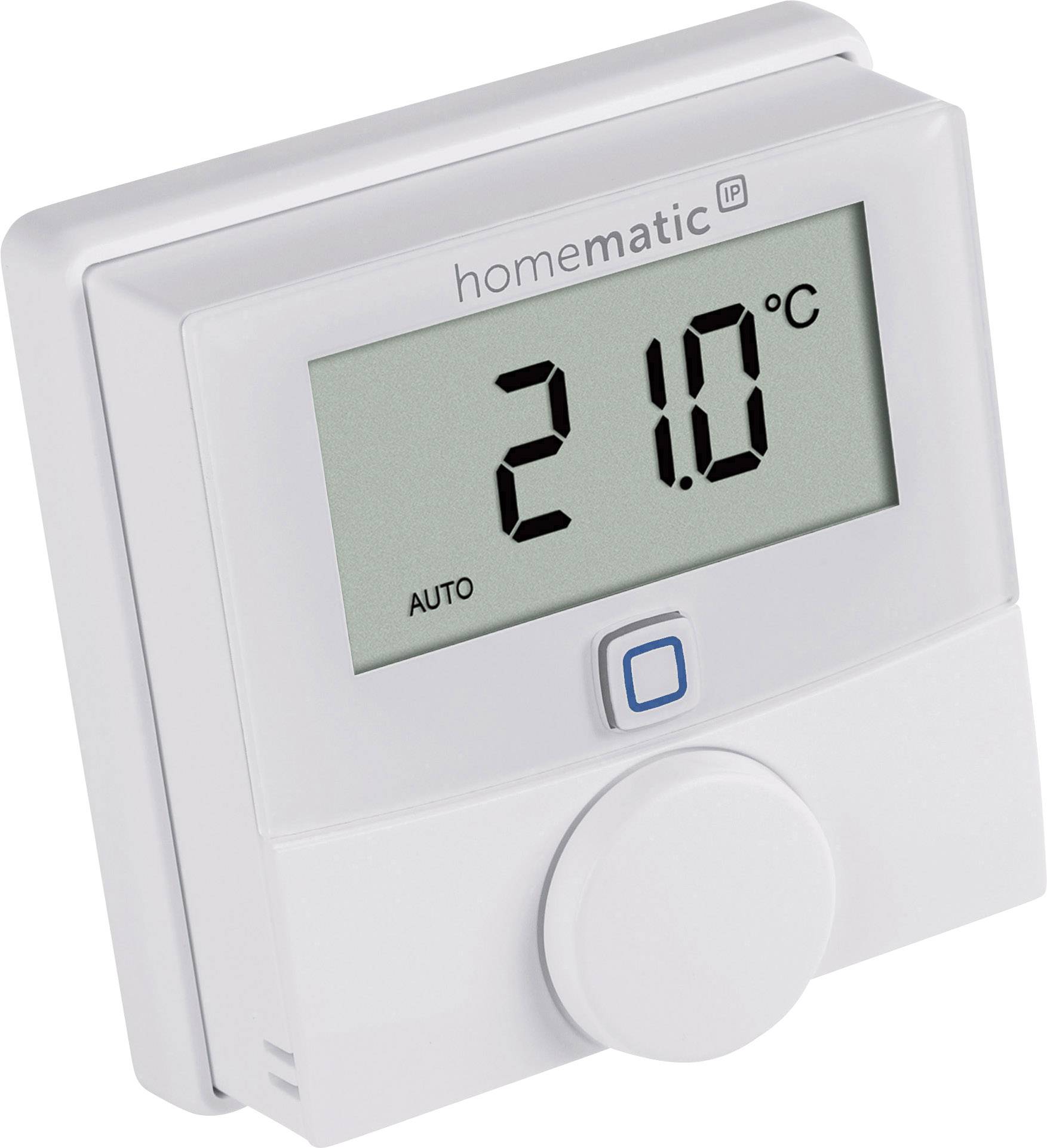 Un thermostat numérique affiche une température de 21,0 degrés Celsius. Sur l'écran est inscrit 'AUTO', un bouton rond se trouve en dessous.