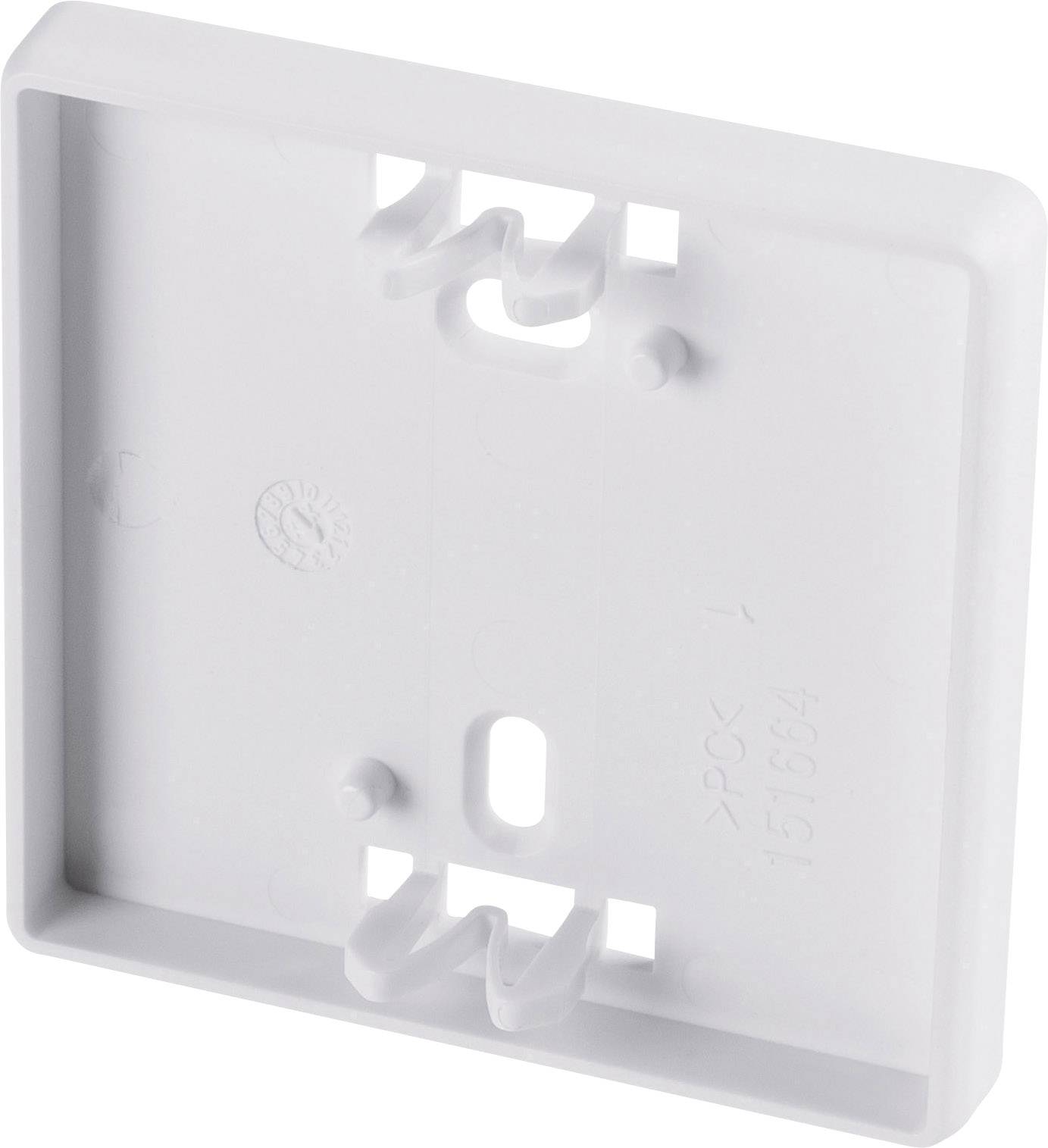 Couvercle rectangulaire blanc en plastique avec deux trous de fixation et des attaches de montage, probablement destiné à des prises de courant ou des interrupteurs.