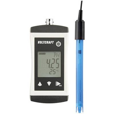 Appareil de mesure de pH avec affichage numérique indiquant un pH de 4,25 et une température de 25°C. Électrode bleue connectée.