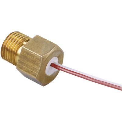 Raccord métallique doré hexagonal avec un câble rouge et blanc traversant son intérieur. Utilisé pour les connexions dans les dispositifs techniques.