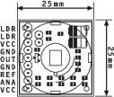 Schéma d'un composant électrique sur un circuit imprimé carré, côté de 25 mm. Désignations : LDR, VCC, GND, OUT, REF, ANA.