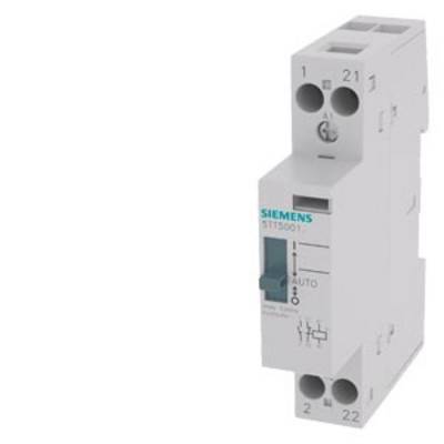 Un interrupteur électrique Siemens blanc avec un levier gris et des inscriptions bleues. Il dispose de connexions en haut et en bas, ainsi qu'une option automatique.