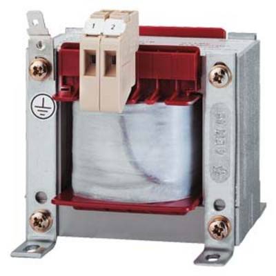Transformateur avec boîtier métallique, symbole de mise à la terre visible, bornes rouges et beiges en haut, utilisé pour les circuits électriques.