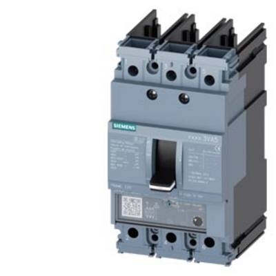 Un disjoncteur tripolaire Siemens en gris, représenté de profil avec des bornes de connexion et un levier de commande clairement visibles.