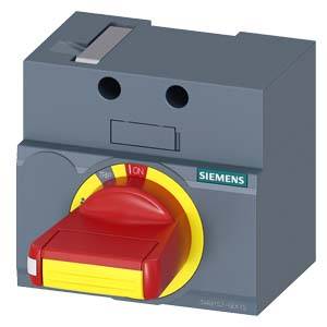 Un sectionneur de charge Siemens en gris avec une poignée rouge et des accents jaunes, adapté aux circuits électriques industriels.