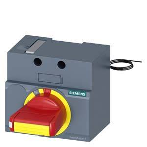 Un interrupteur électrique de Siemens avec une poignée de commande rouge et jaune, indiqué en position 'Arrêt'.