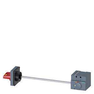 Un interrupteur électrique avec une poignée rouge sur le côté gauche, relié par une longue tige à un boîtier gris sur la droite.