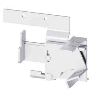 Verrouillage métallique argenté pour applications industrielles, montrant un levier et du matériel de fixation, adapté aux machines ou installations.