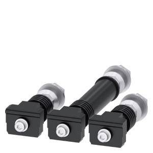 Trois isolateurs noir et argent pour applications électriques, munis d'un écrou hexagonal et d'un manchon isolant, disposés en ligne.