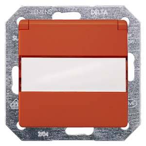 Un interrupteur rouge avec une bande blanche au milieu, monté sur un support métallique.