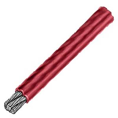 Câble rouge, isolé, avec un fil multibrins dénudé à une extrémité.