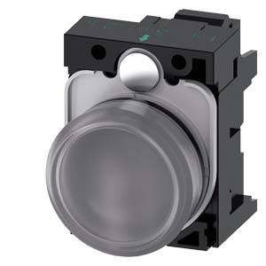 Un bouton-poussoir rond, transparent, avec un boîtier noir et un mécanisme de fixation. Adapté pour les pupitres de commande industriels.