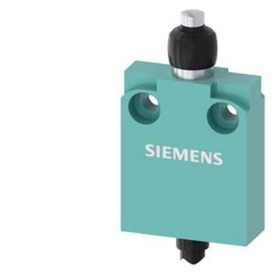 Un interrupteur Siemens de couleur turquoise avec deux trous de fixation et un poussoir noir sur le dessus.