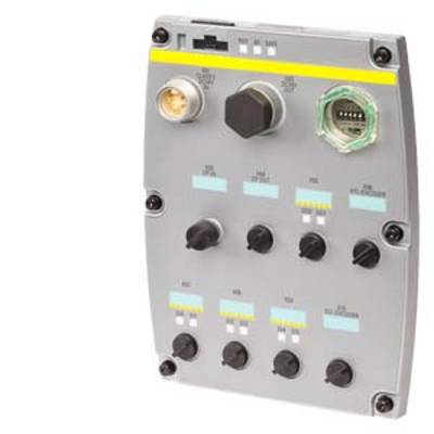 Un panneau de commande électronique gris avec plusieurs boutons rotatifs, interrupteurs et ports est montré de dessus.