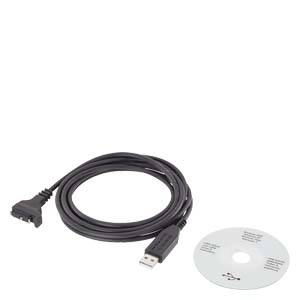 Câble USB avec CD posé sur un fond blanc. Le câble possède une fiche USB et un connecteur spécial. CD à côté.