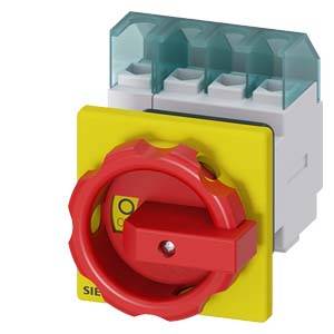Un commutateur rotatif jaune et rouge devant un fond gris. Le commutateur est réglé sur "Éteint". Un logo Siemens est visible.