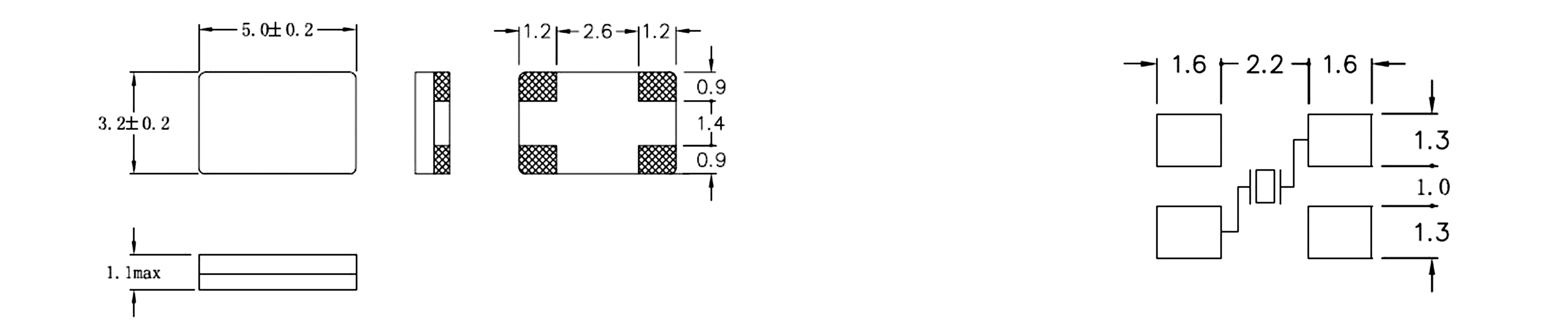 Dessin technique d'un composant rectangulaire avec les dimensions suivantes : largeur 2, longueur 3, hauteur 1, deux connexions, distance de 1,6 entre les connexions.