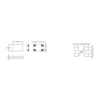 Dessin technique d'un composant rectangulaire avec les dimensions suivantes : largeur 2, longueur 3, hauteur 1, deux connexions, distance de 1,6 entre les connexions.