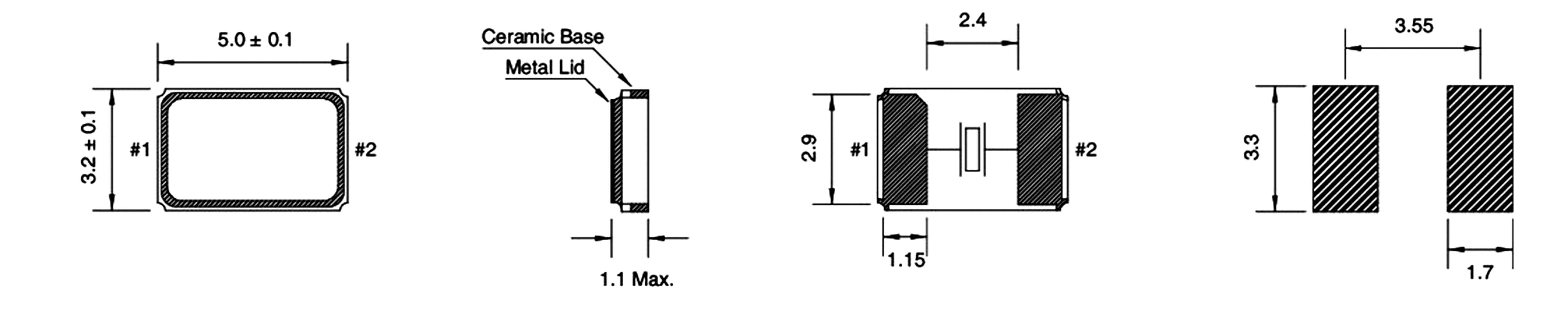 Dessin technique d'un composant rectangulaire avec dimensions en millimètres : 5,0 x 3,2 x 1,1. Base en céramique et couvercle métallique.