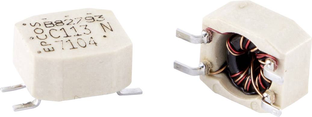 Deux composants électroniques, probablement des selfs ou des inductances à noyau de ferrite, munis de broches métalliques pour le contact et portant des inscriptions sur le dessus.