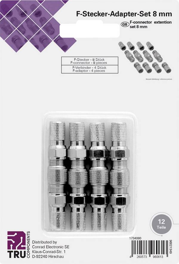 TRU COMPONENTS TC-6936320 Set connecteur F  Connexions: Fiche mâle F, Prise femelle F, Prise femelle F, Fiche mâle F Diamètre de câble: 8 mm 1 set